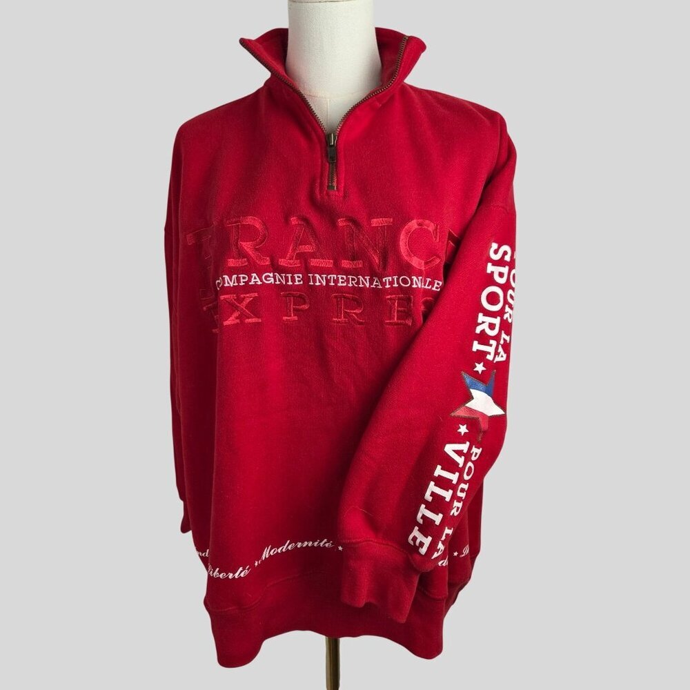 VTG Express France Athletique Pullover Sweatshirt Mens M 1/4 Zip Embroidered Red